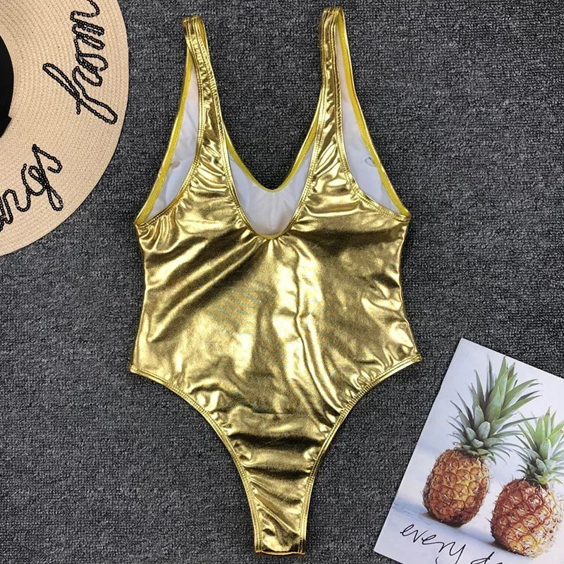 Shiny PU Faux Leather Women Swimwear One Piece Swimsuit Female Monokini High Cut Bikini Set Bathing Suit Swim Beachwear Bodysuit