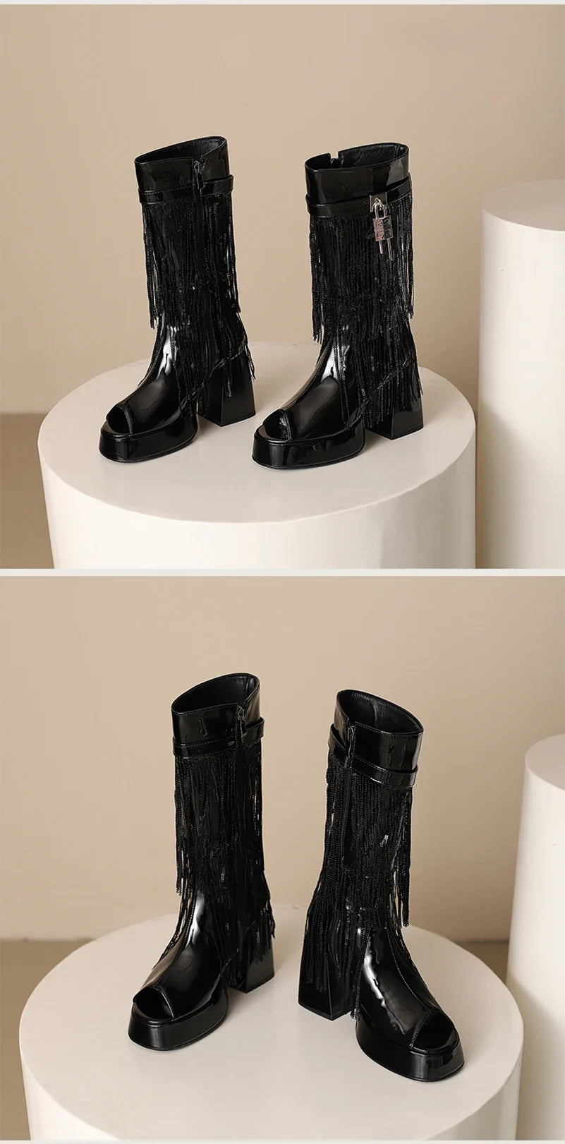 Plus Size Women White Patent Leather Fringe Tassel Mid Calf Boots Peep Toe Platform Block Heel Open Toe Party Club Heels