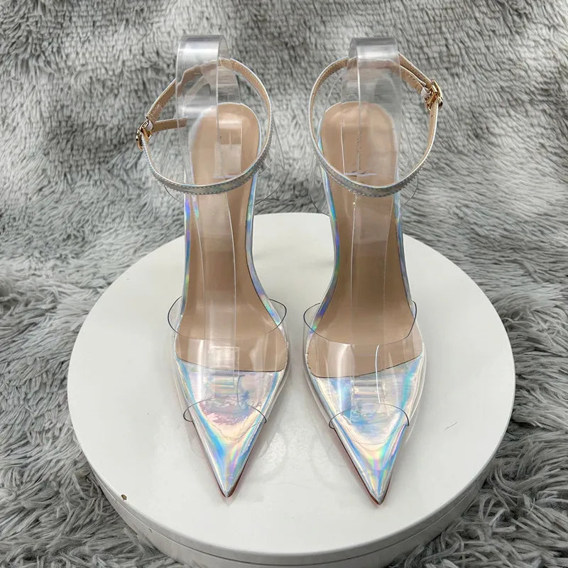 Clear PVC Patchwork Sandals  Newest Transparent Straps Stiletto Heel Sandals Sexy Laser silver High Heels Wedding Shoes12cm