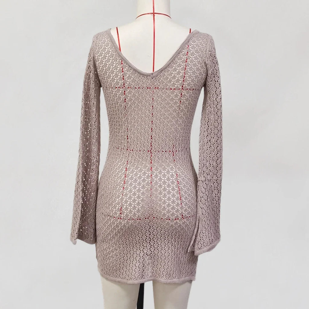 V Neck Long Sleeve Hollow Out Crochet Knitted Tunic Beach Cover Up Cover-ups Beach Dress Beach Wear Beachwear Female Women V6081
