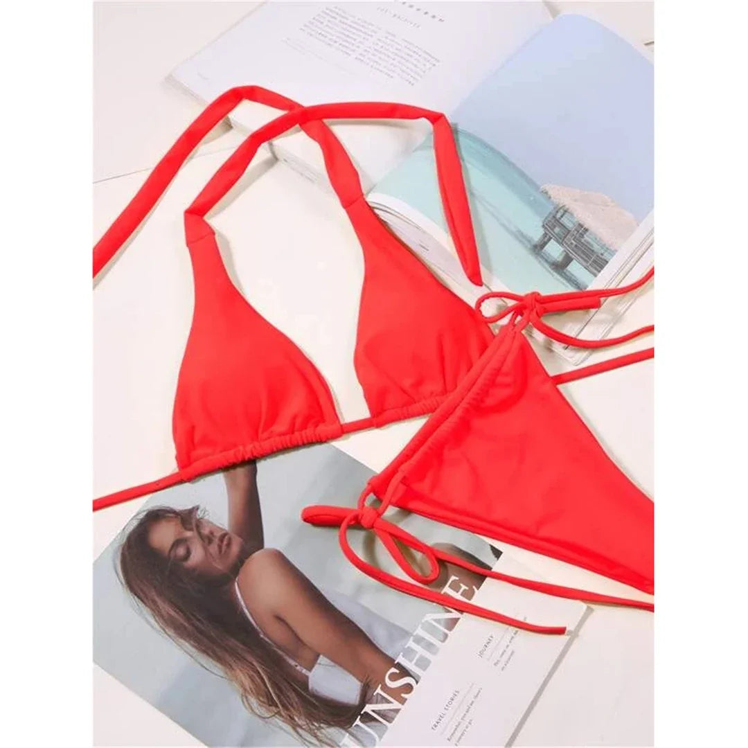 Sexy 11 Color Halter Mini Micro Thong Bikini Female Swimsuit Women Swimwear Two-pieces Bikini set Bather Bathing Suit Swim V4064