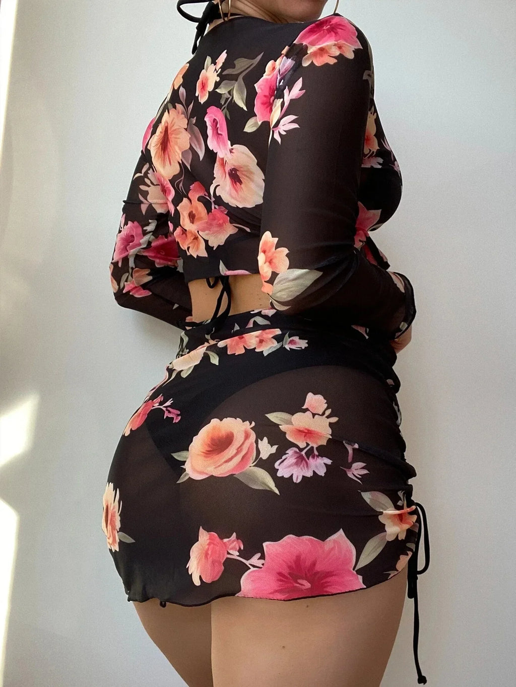 2026 Summer Women's 4 Pieces Suit Swimwear Neck Lace-up Bikini Set+crop Top+skirts Floral Print Gauze Swimsuit Beachwear Biquini