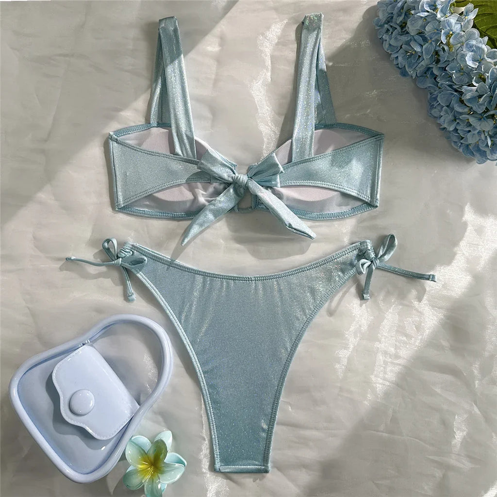 U Shaped Glitter Sparkling Shiny Bikini Female Swimsuit Two-Pieces Bikini Set Women Swimwear Brazilian Bathing Suit Bather V7564