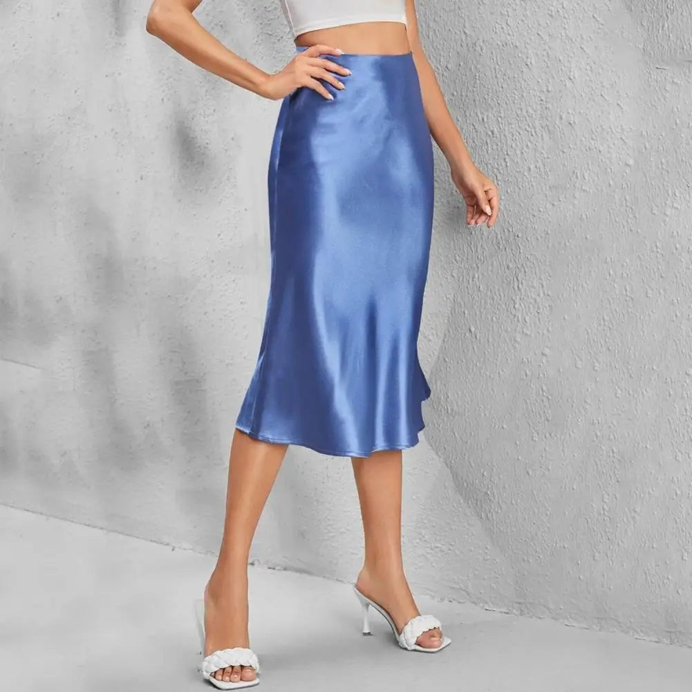 Satin-Like Shiny Skirt Women Midi Skirt High Waist Solid Color Mid-calf Length Skirt Soft Breathable Fabric Work Skirts