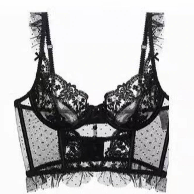 French Sexy Lingerie Set Women Ultra Thin See Through Embroidery Lace Bra & Thong Push Up Underwear Shaping Camisole Set MOYISU