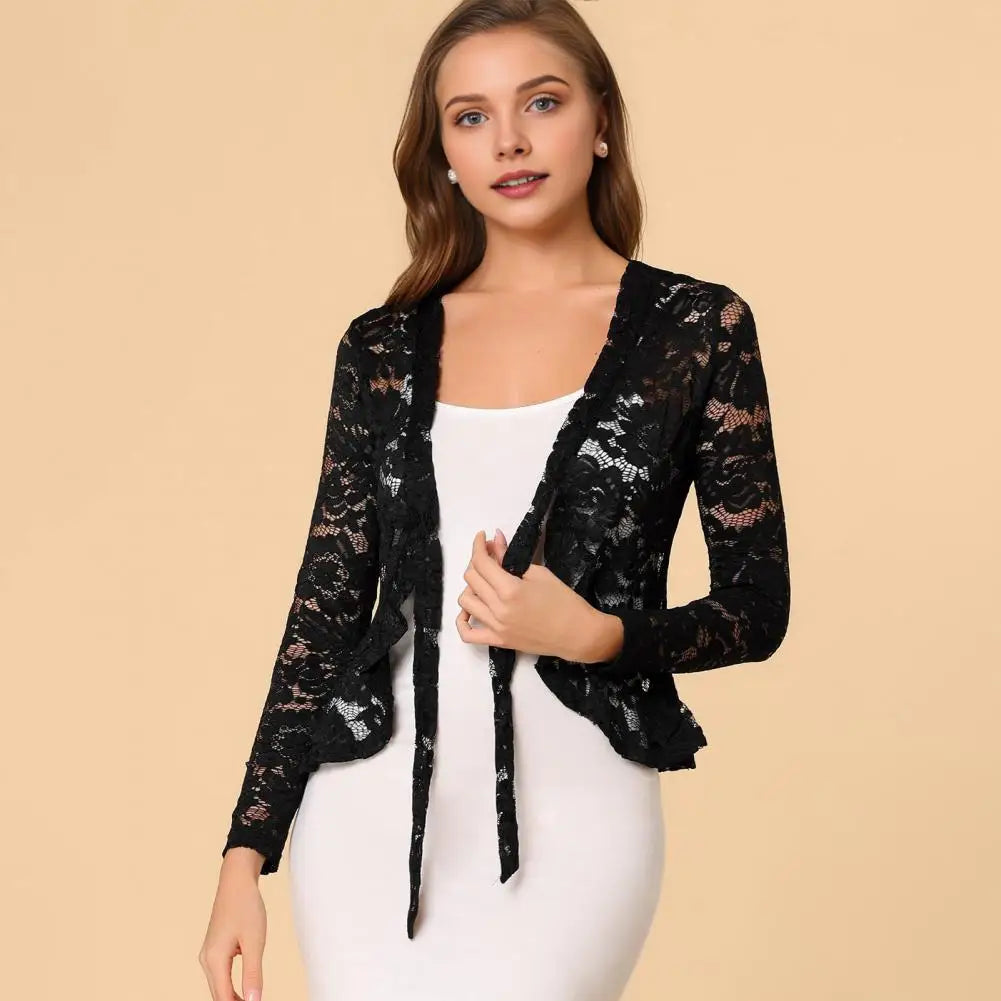 Lace Bolero for Women Tie Front Ruffle Hem Cardigan Long Sleeve Cover Up Jacket Formal Office Sheer Crop Shrug