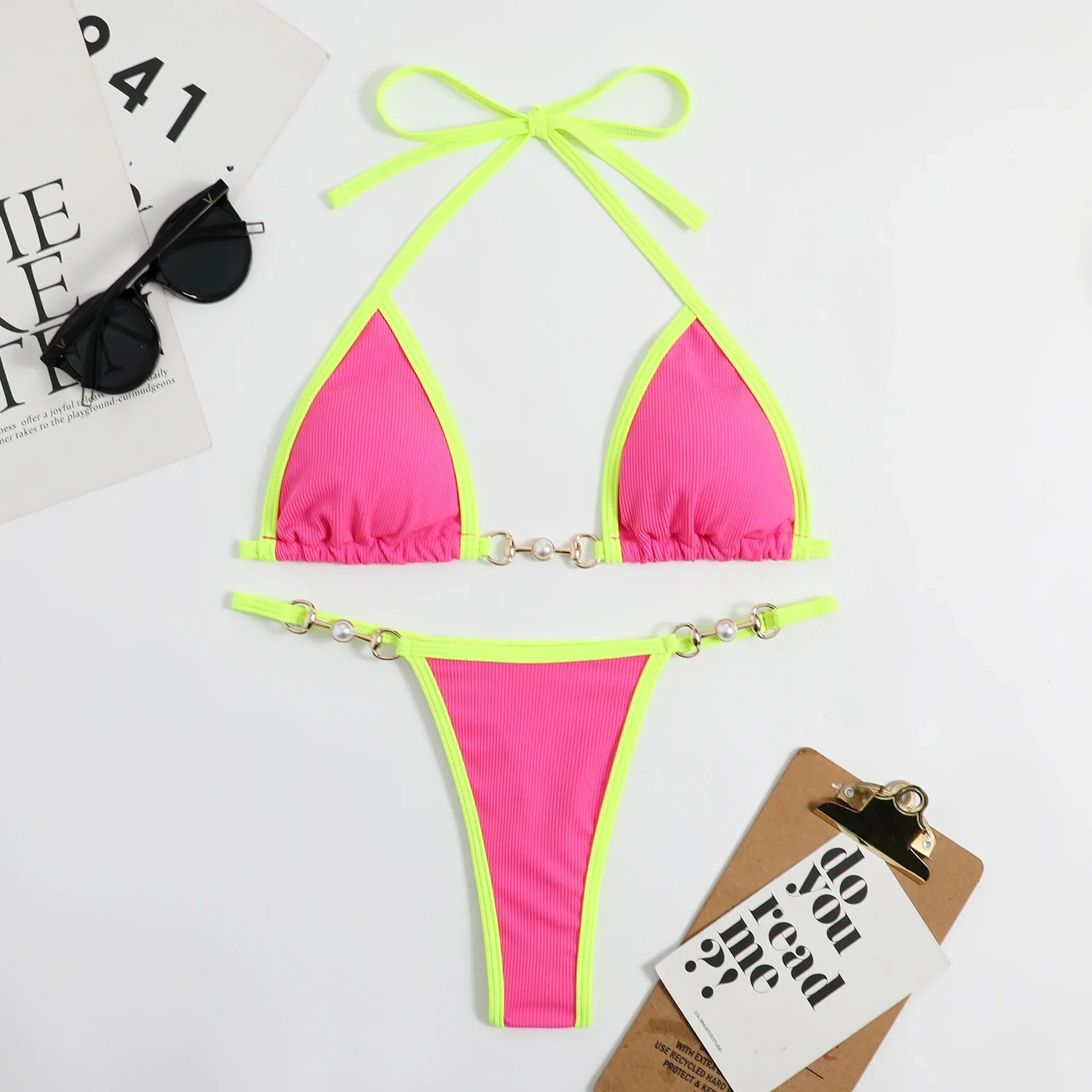 New Micro Bikini Set for Woman Chain Link Swimsuit Sexy Backless Neck Lace-up Bathing Suit Beachwear Female Push Up Swimwear