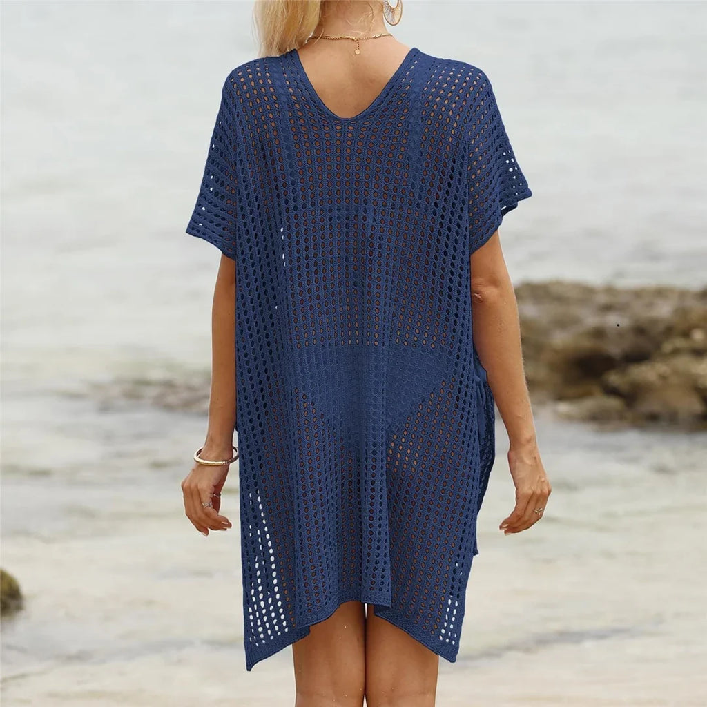 Short Sleeve V Neck Hollow Out Crochet Knitted Tunic Beach Dress Beach Wear Beachwear Beach Cover Up Cover-upsFemale Women V8061