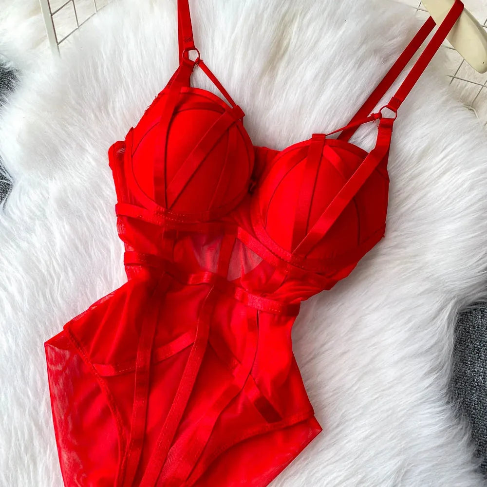 MOYISU Sexy Western Style Bodysuit for Women Sheer Net Halter Push Up Pads Summer Lingerie Figure Control See Through Hot Sale