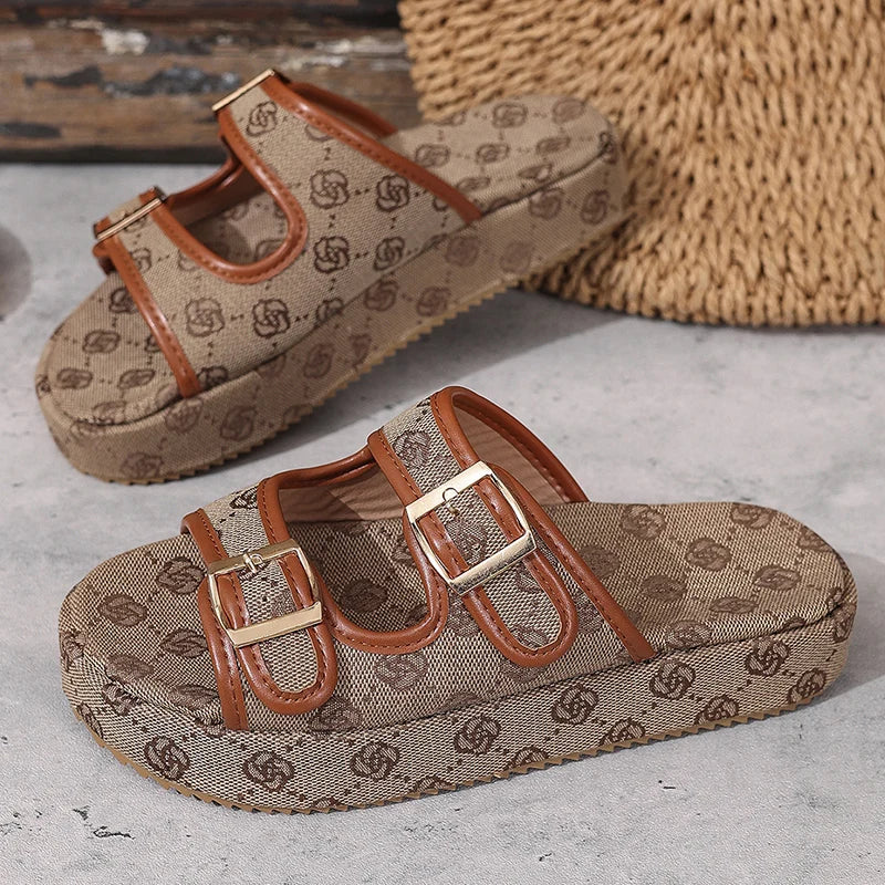 Flowers Embroidery Thick Bottom Sandals Women Fashion Designer Buckle Platform Slippers Woman Summer 2025 Non Slip Sandles Mujer