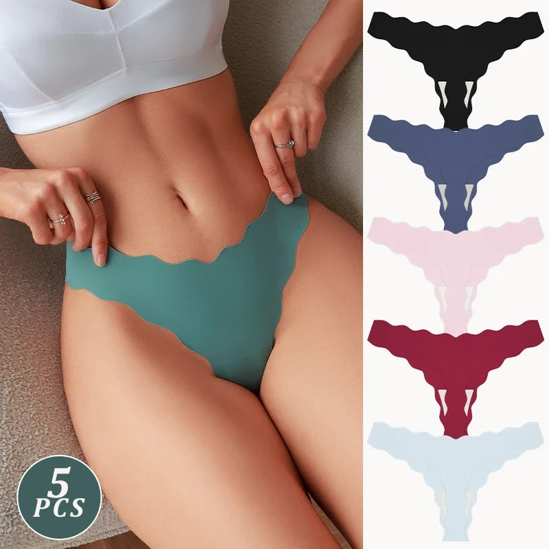 5Pcs Seamless Full-Body Fan-Shaped Wave Decorative Briefs Sexy Thongs Comfortable Breathable Stretch Underwear Women's Lingerie