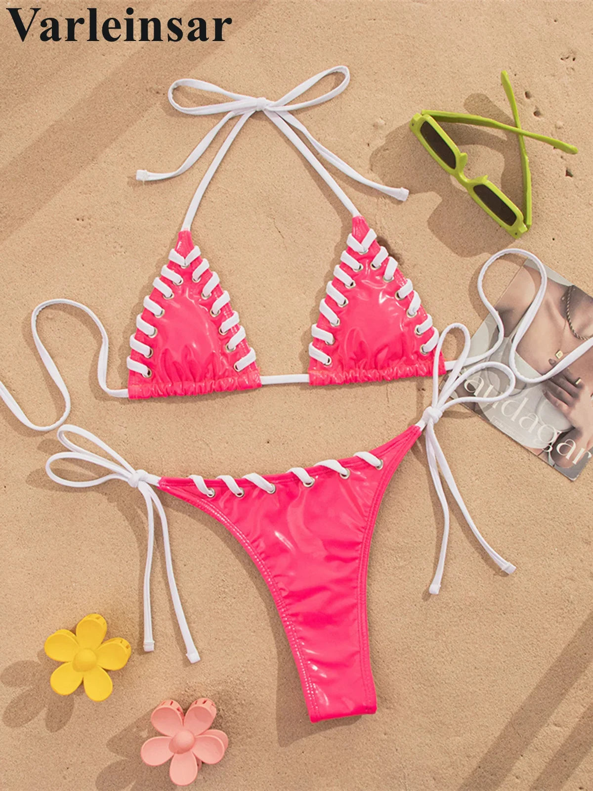 PU Faux Leather Halter Bikini Female Swimsuit Women Swimwear Two-Pieces Bikini Set High Cut Leg Bather Bathing Suit Swim V8095