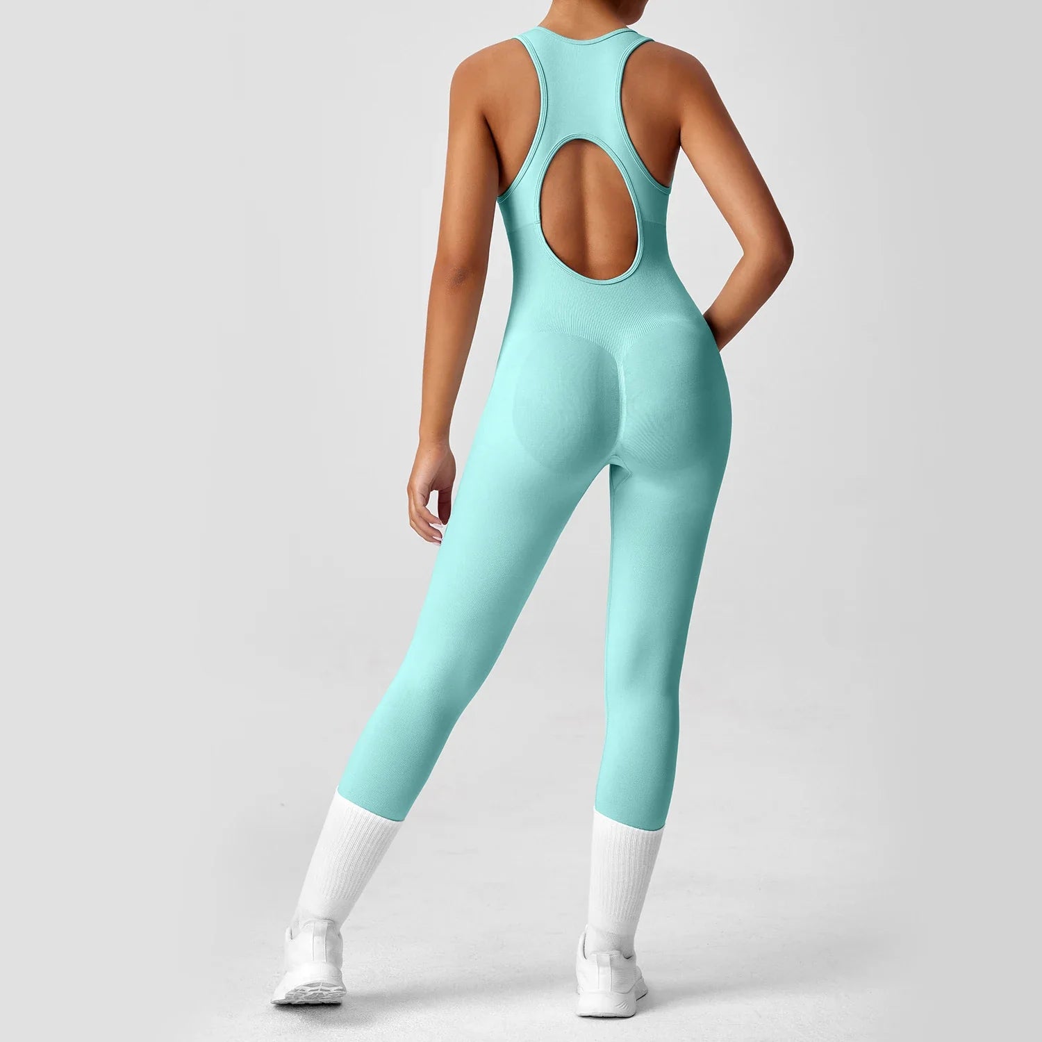 Open Back Racerback Yoga Jumpsuit Women Seamless Butt Lifting High Elastic Gym Workout One Piece Bodysuit