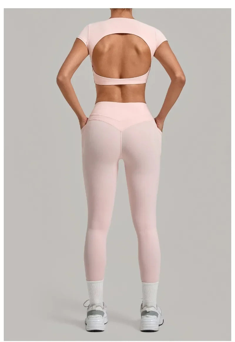 Women's Seamless Yoga Sets Sports Running High Waist Hip-lifting Pants Backless Short-sleeve Suits Workout Fitness Leggings Sets