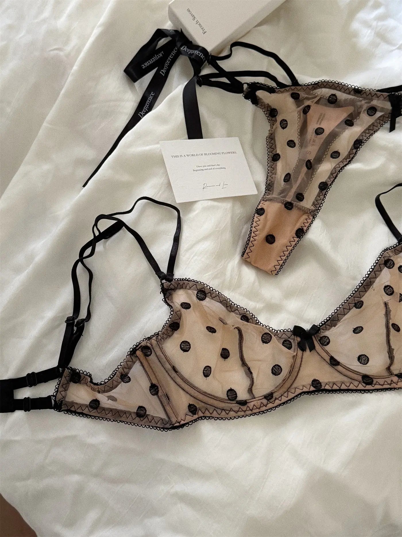French Retro Lace Bra & Thong Set | Sexy Polka Dot Sheer Mesh Lingerie for Plus Size Big Bust, Ultra Thin MOYISU Panty TUSHY Set