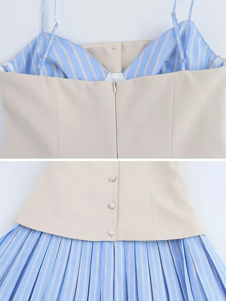 Foridol Striped Pleated Short Summer Dress Women Buttons Decor Spaghetti Strap V Neck Bodycon Mini Spring Beach Vestidos New In