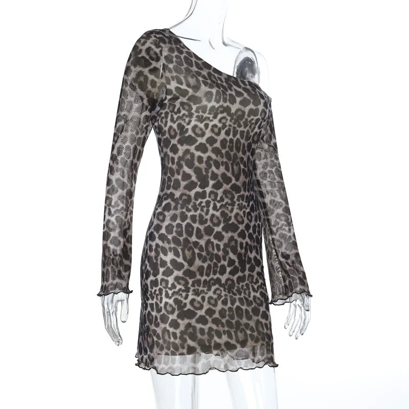 Spring Summer Off-Shoulder Sexy Leopard Print Long-Sleeve Dress European-Style Casual Backless Bell-Sleeve Mini Skirt Streetwear