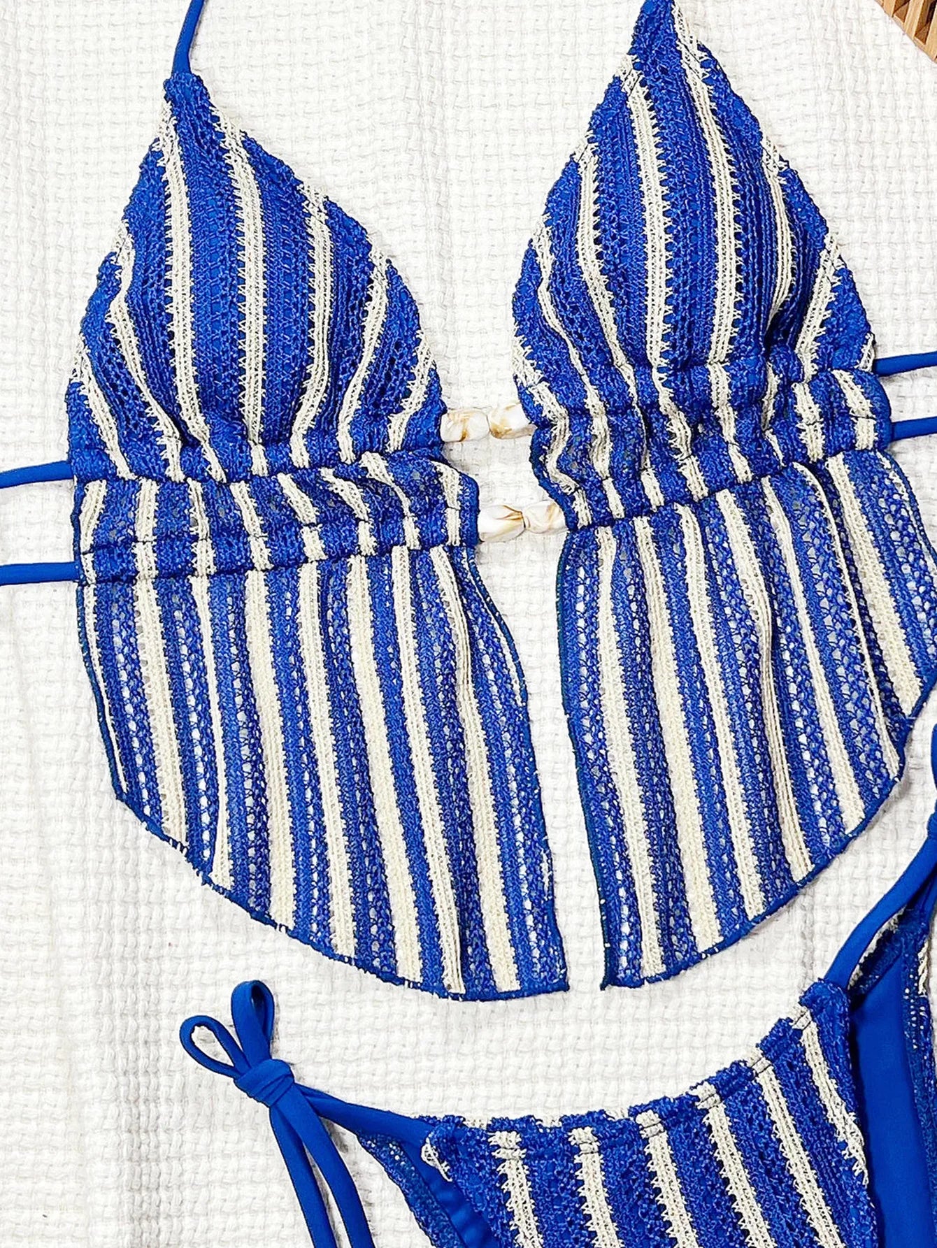 DEKA Knit Beads Blue Striped Bikinis Sets Two Pieces Halter Thong Swimsuit Bathing Suit Back Tie Swimwear Biquini Tankini Trikin