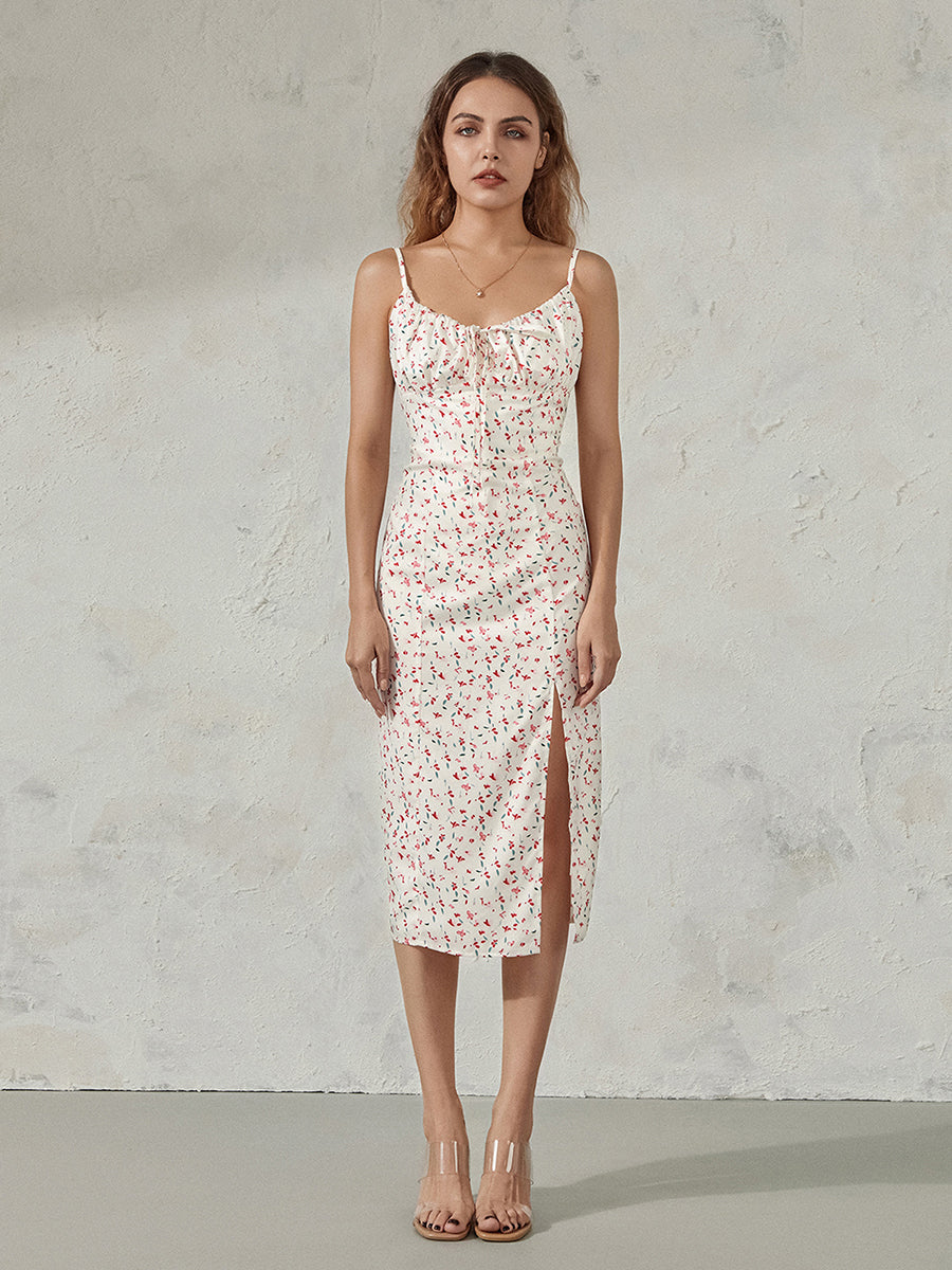 Women Summer Floral Print Party Club Midi Dress Sleeveless Spaghetti Strap Bustier Backless Thigh Slit Slim Dress