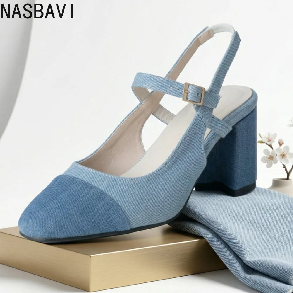 Women Denim Sandals French Style Modern Ladies Elegant 7cm Square Heel Single Single Shoes Summer Sandals Pumps Large Size 35-48
