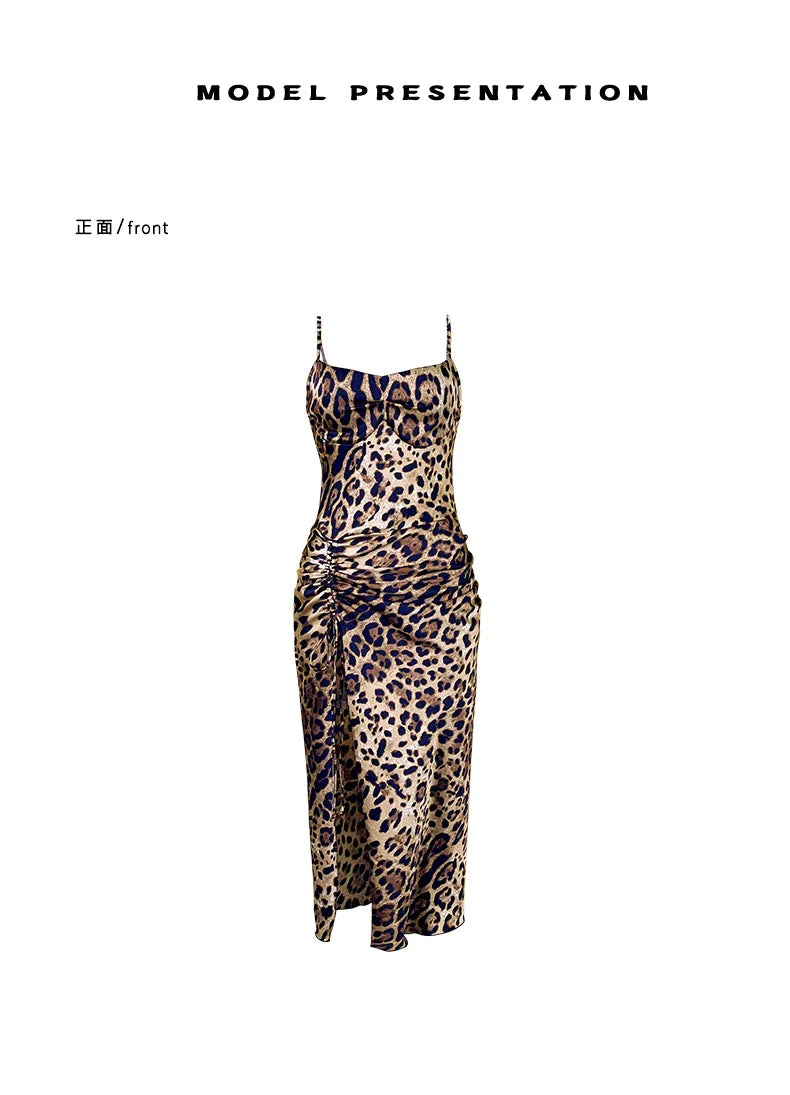 Women Sexy Leopard Print Slip Nightdress Removable Padded Drawstring High Slit Midi Nightgown Loungewear