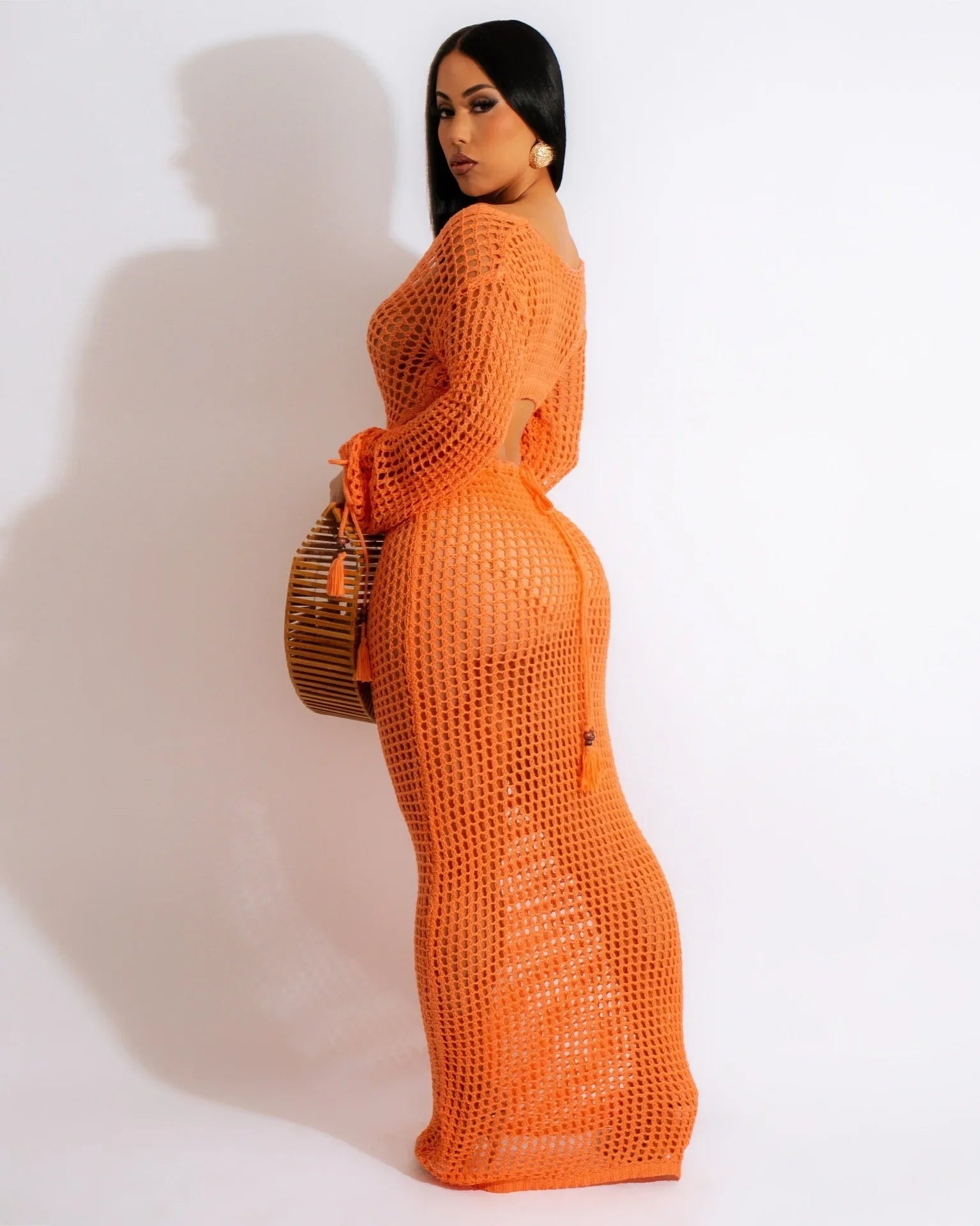 DEKA Women Knitted Backless Cover Up Swimsuit Long-sleeved Crochet Hollow Out Dress Summer Beach Vacation Outfit Beach Dress