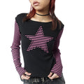 Early Autumn Punk Style Slim Fit T-shirt Women Long Sleeve Crew Neck Star Stripes Patchwork Ladies Tops for Casual Daily