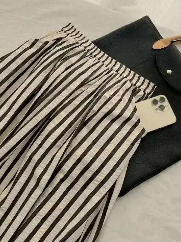 Retro Chic Solid Color Striped Skirt For Women In Summer, High Waisted And Slimming A-line Mid Length Umbrella Skirt Casual OHS8