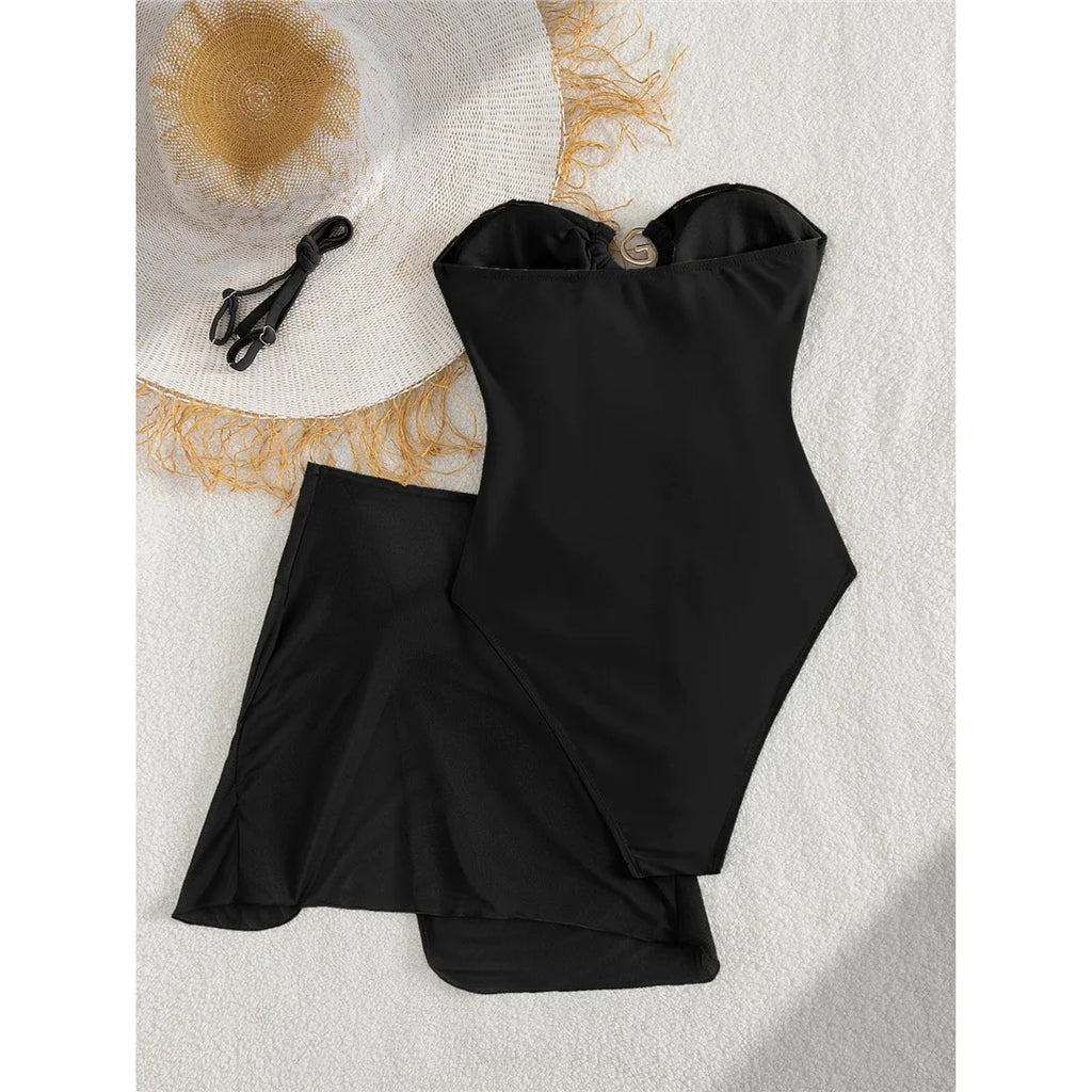 XS - L 6 Colors One Piece Swimsuit Female With Skirt Cut Out Women Swimwear Bandeau Metal Ring Bather Bathing Suit Swim V8108