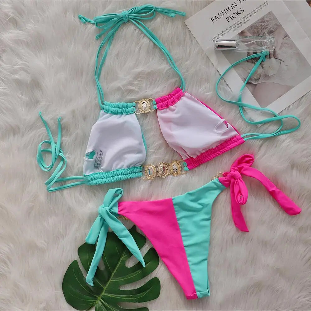 2026 Splicing Halter Diamond Bikini Women Swimsuit Female Swimwear Two Pieces Bikini Set Hollow Out Bathing Suit Swim Beach Wear