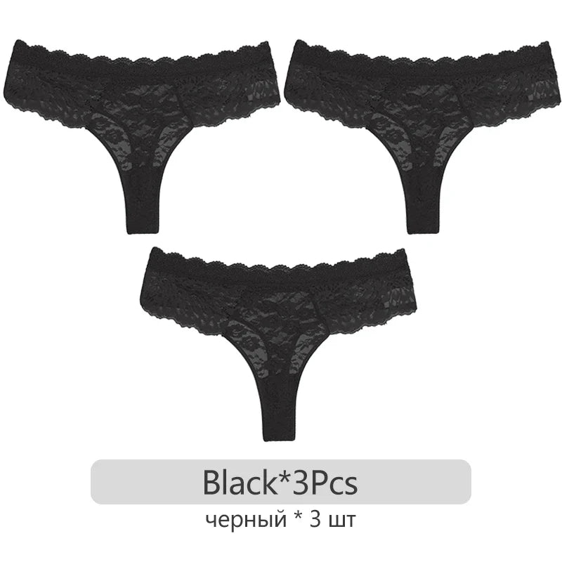 Full Lace Thongs Women 3Pcs/set Sexy G-string Underpants S-XL Ladies Floral T-Back Underwear Female Bikini Panties Girl Lingerie