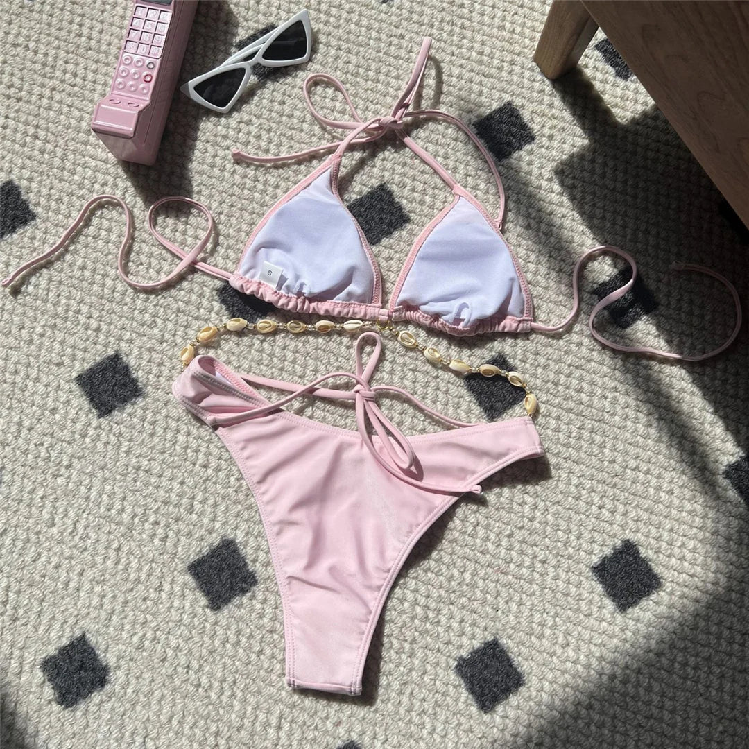 5 Colors Sexy Halter Shell Brazilian Bikini Female Swimsuit Women Swimwear Two-Pieces Bikini Set Bather Bathing Suit Swim V5469