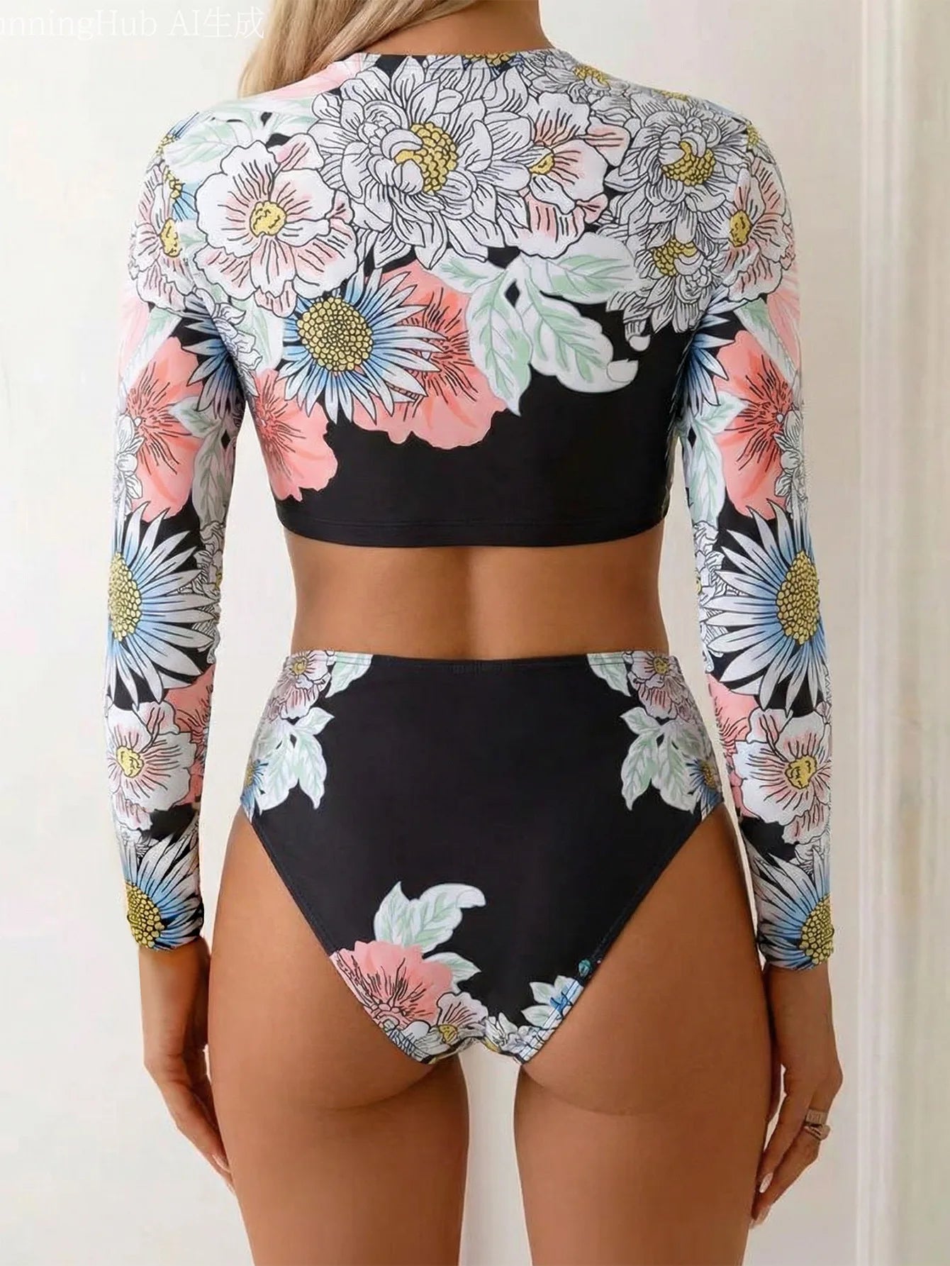 Vintage Black Floral Print Bikini Set 2026 Women Long Sleeve O Neck Top High Waist Swimsuit Beach Holiday Bathing Suit Swimwear