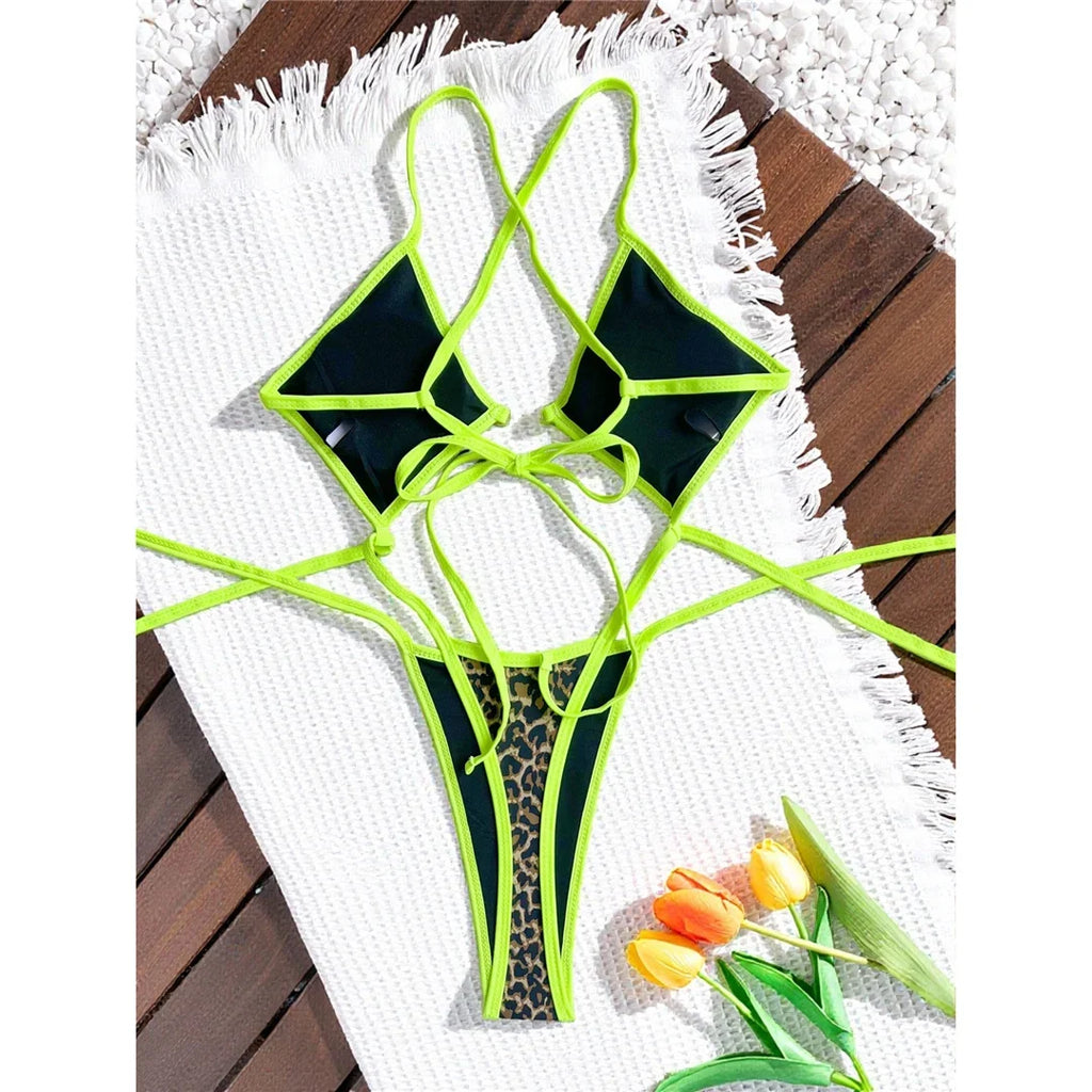 S - XL Leopard Extreme String Mini Micro Thong One Piece Swimsuit Women Swimwear Female Padded Bather Bathing Suit Swim K7067