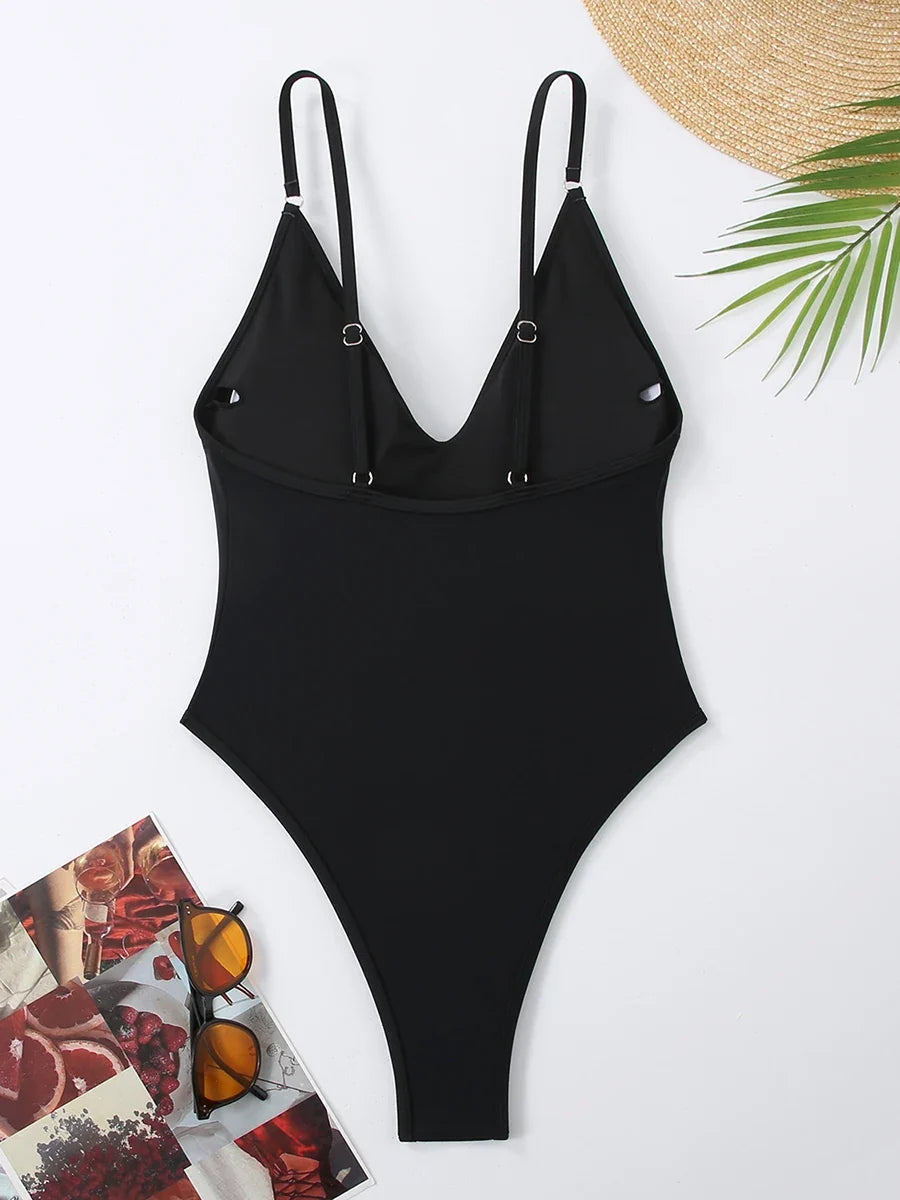 2026 Sexy Solid Swimsuit One Piece High Cut Swimwear Women V neck Backless Bathers Bathing Swimming Swim Suit Female Beachwear