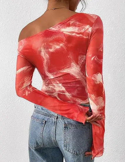 Women's Off-Shoulder Ruffled Sleeve Long-Sleeve Top with Asymmetrical Tie-Dye Mesh Asymmetrical Pleated Floral Print T-Shirt
