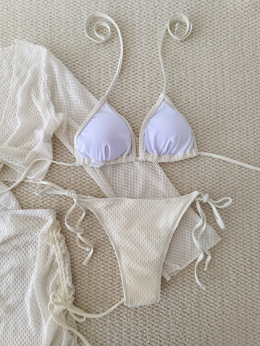 4 Pieces Halter String Bikinis 2026 Tops & Skirt Solid Swimwear Female Sexy Swimsuit Women Bathers Bathing Swimming Swim Suit