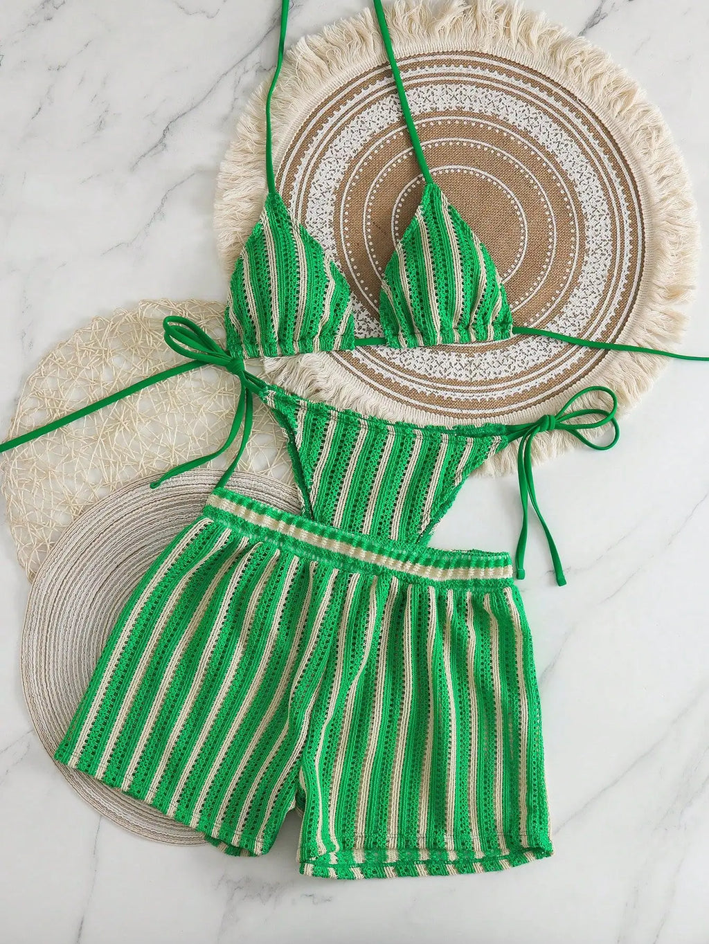 3PCS With Shorts Stripe Halter Fishnet Bikini Women Swimwear Female Swimsuit Three-pieces Bikini Set Bathing Suit Swim Beachwear