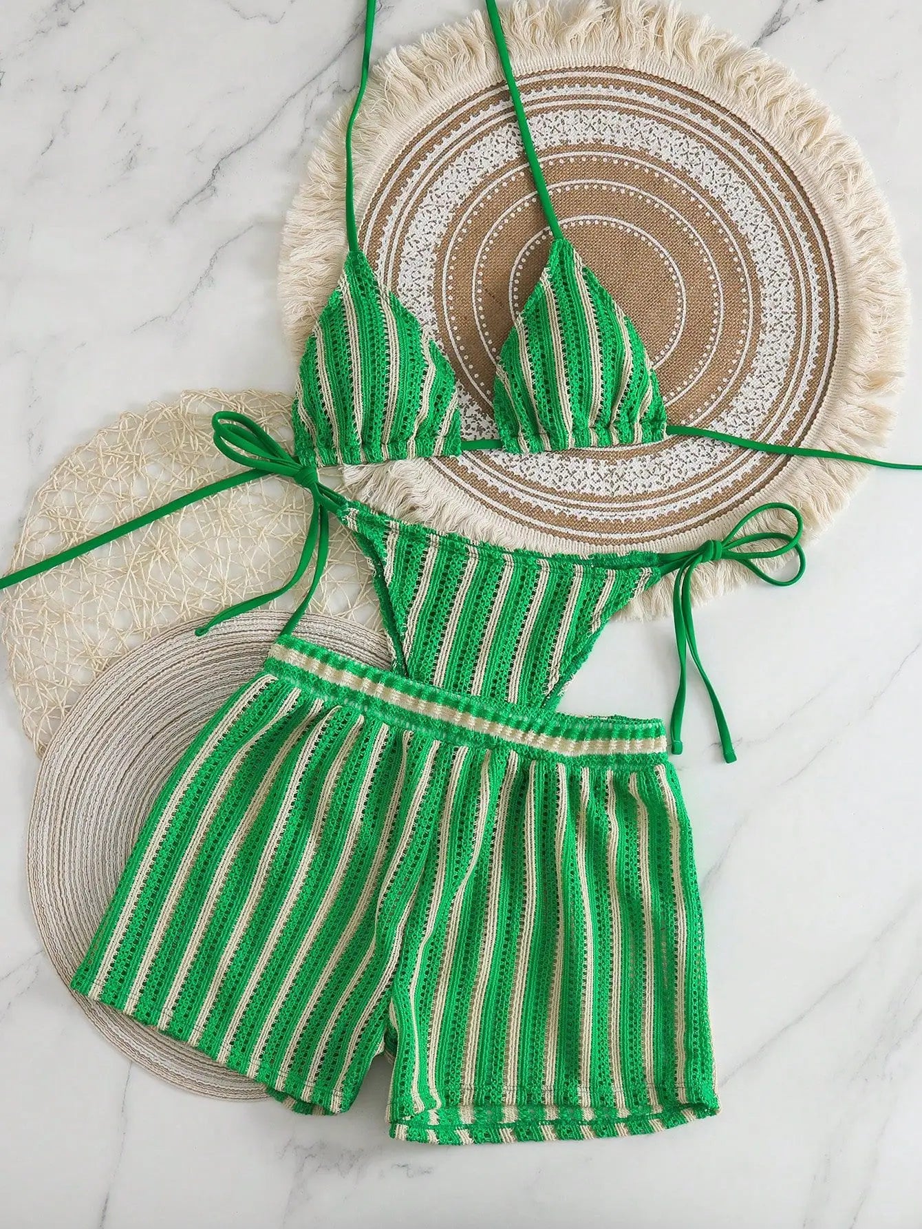 3PCS With Shorts Stripe Halter Fishnet Bikini Women Swimwear Female Swimsuit Three-pieces Bikini Set Bathing Suit Swim Beachwear