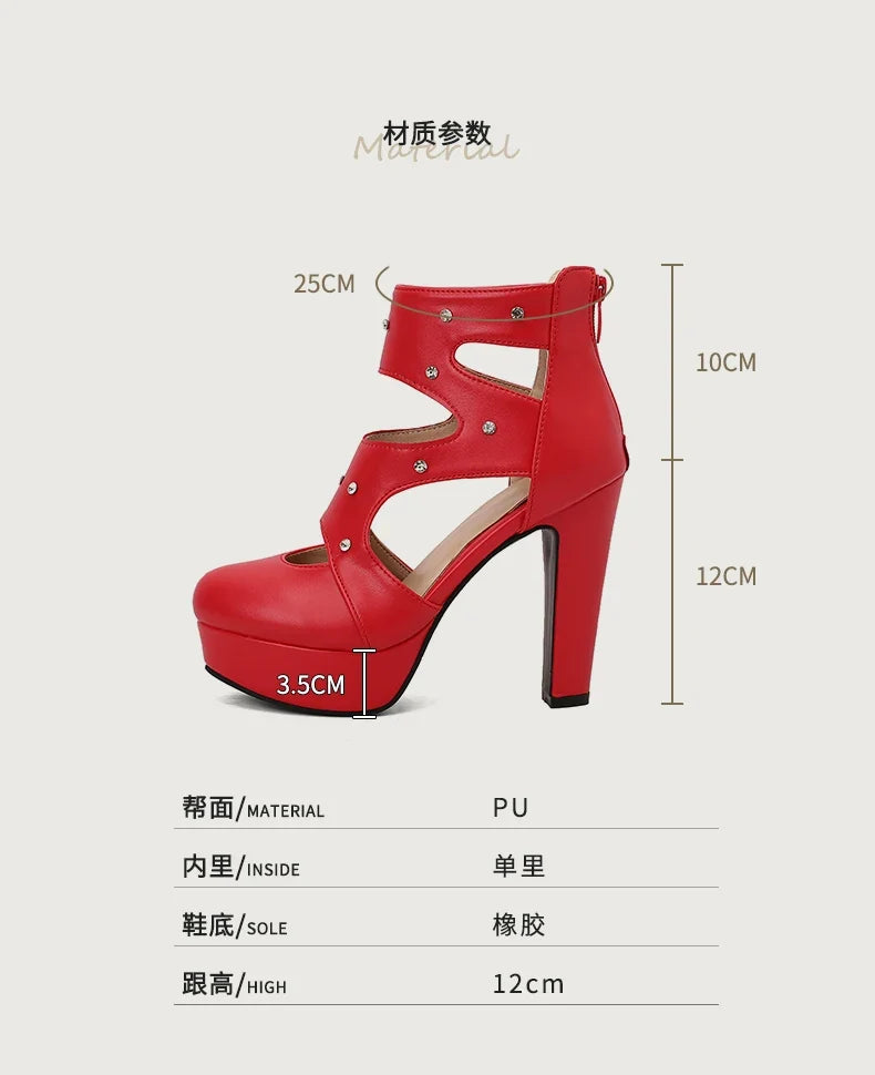 NASBAVI Summer Fashion Women Sandals Round Toe Chunky Heels 12cm Platform 3.5cm Zipper Crystal Plus Size 48 49 50 Party Shoes