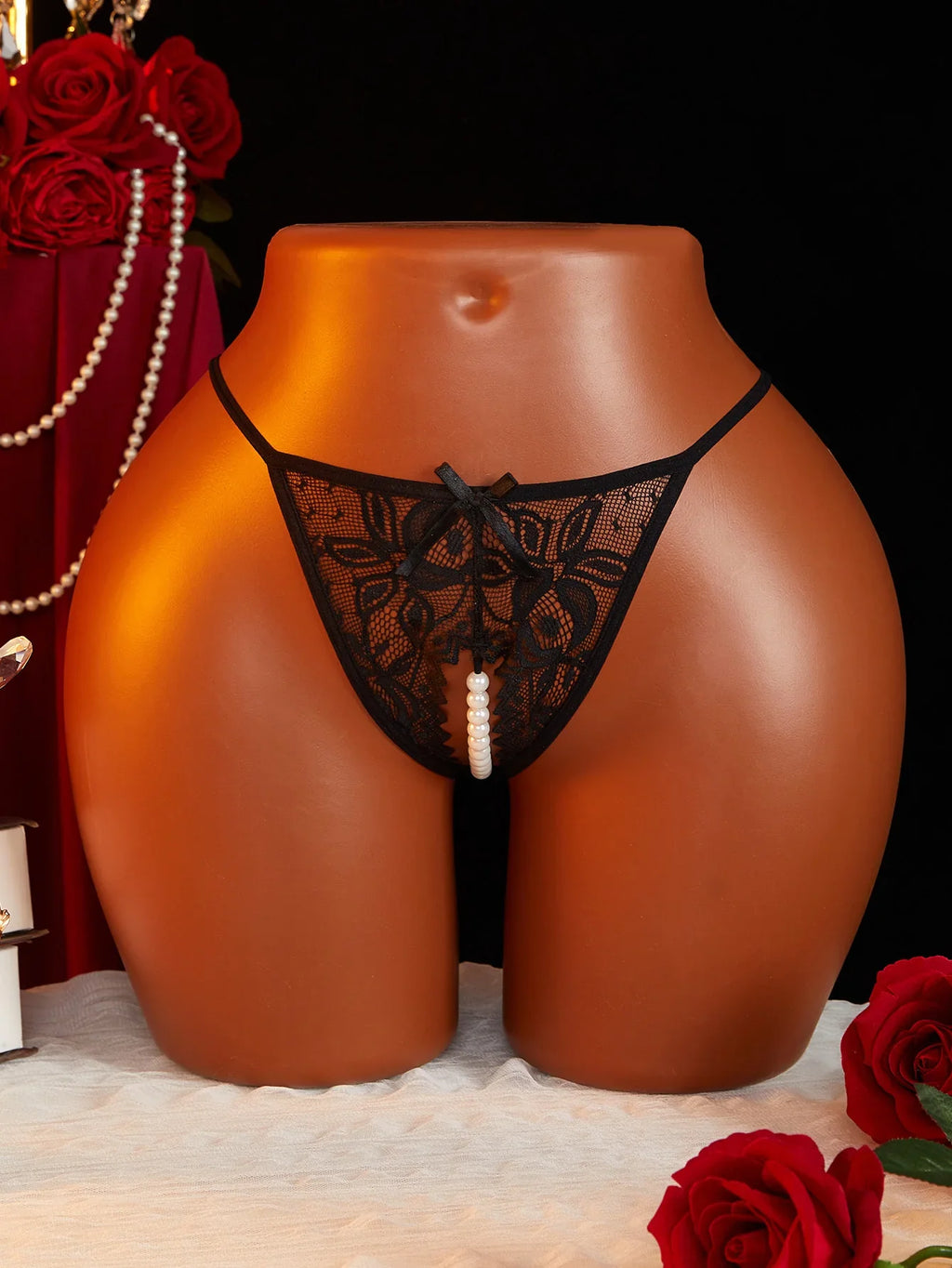 Hot Sexy Mesh Hollow Female Lingerie Transparent Crotchless Women Lace Open Crotch Beading Panties Underwear Erotic Costume