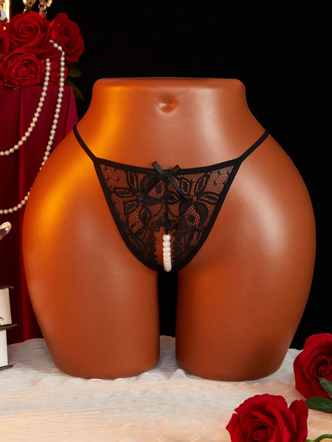 Hot Sexy Mesh Hollow Female Lingerie Transparent Crotchless Women Lace Open Crotch Beading Panties Underwear Erotic Costume