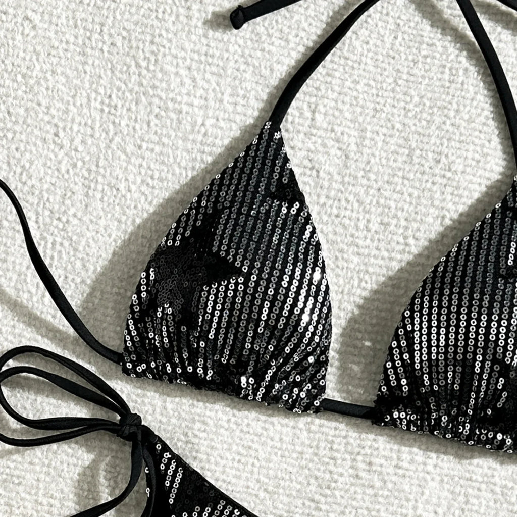 Halter Shiny Star Sequins Bikini 2025 Women Swimsuit Female Swimwear Two Pieces Bikini Set Brazilian Bathing Suit Swim Beachwear