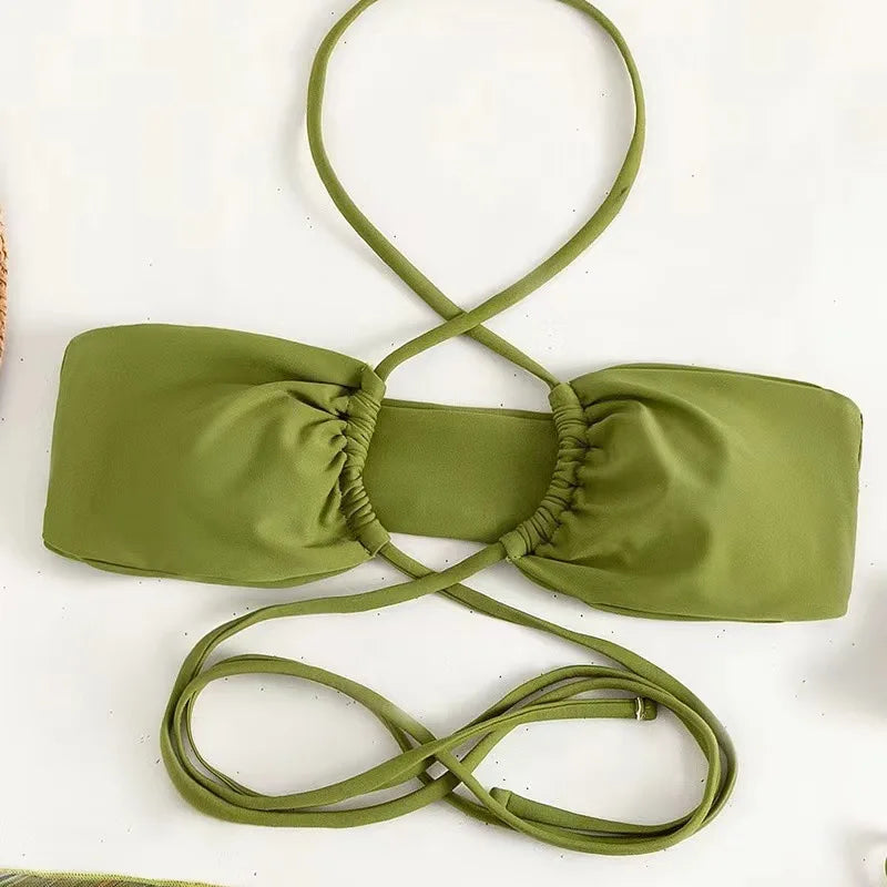 Sexy Green Bikini Sets Three Pieces Swimsuit With Mesh Skirt Bikinis Swimsuit Swimwear High Waist Bathing Suit Beachwear Biquini