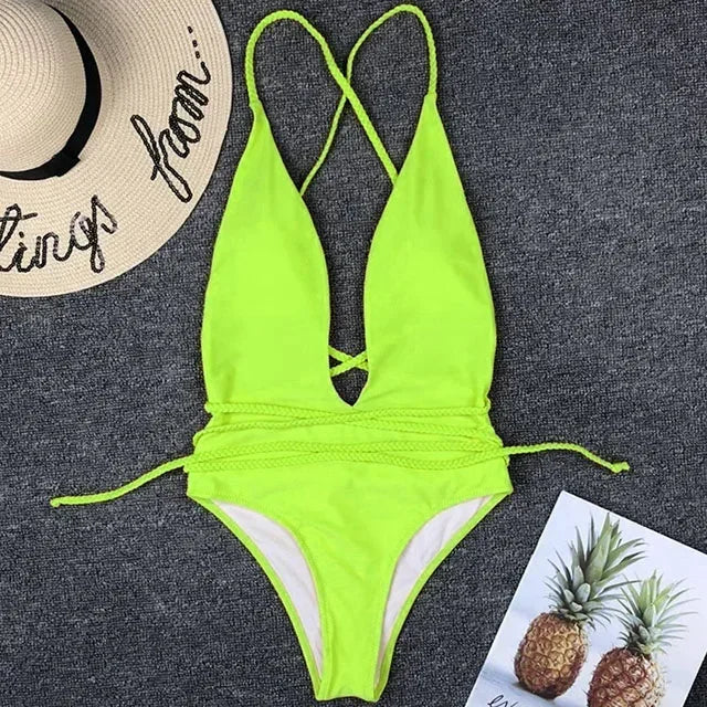 Sexy Deep V Neck Wrap Around Female Swimwear One Piece Swimsuit Women Backless Monokini High Leg Cut Bathing Suit Swim Beachwear