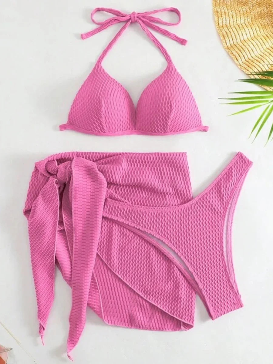 With Beach Sarong Bra Cup Wrinkled Bikini Female Swimsuit Women Swimwear Three-pieces Bikini Set Push Up Bathing Suit Swim Lady