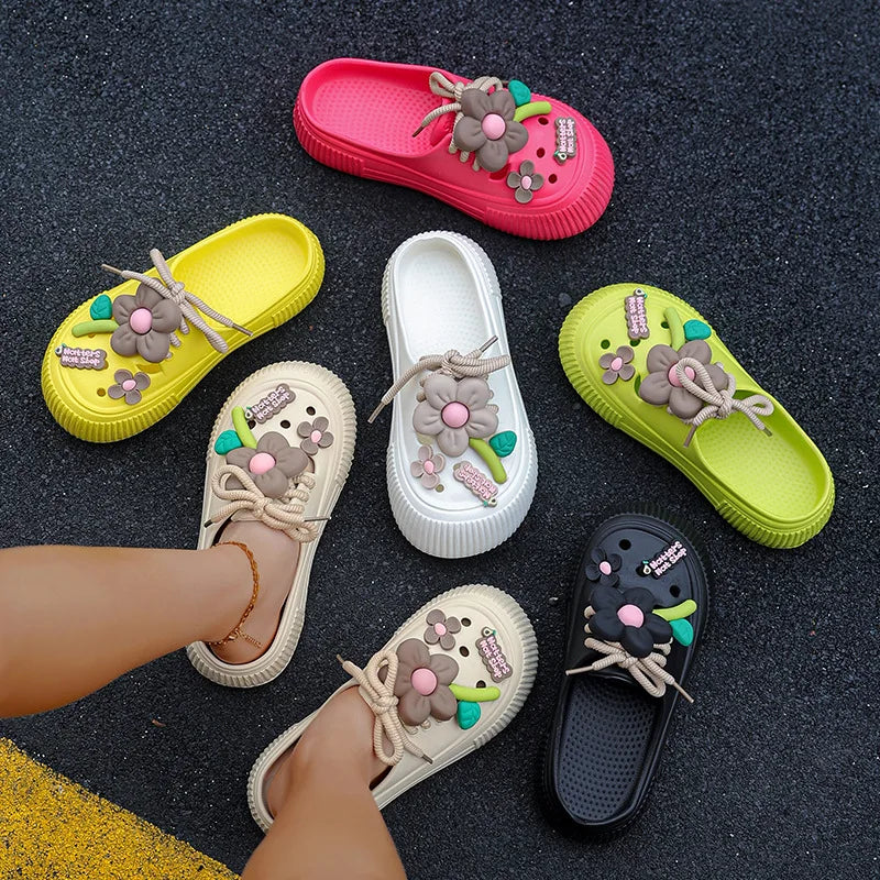 2025 Summer Women Slippers Cute DIY Flower Platform Sandals Casual Indoor Outdoor Clogs Beach Slides Female Home Garden Shoes