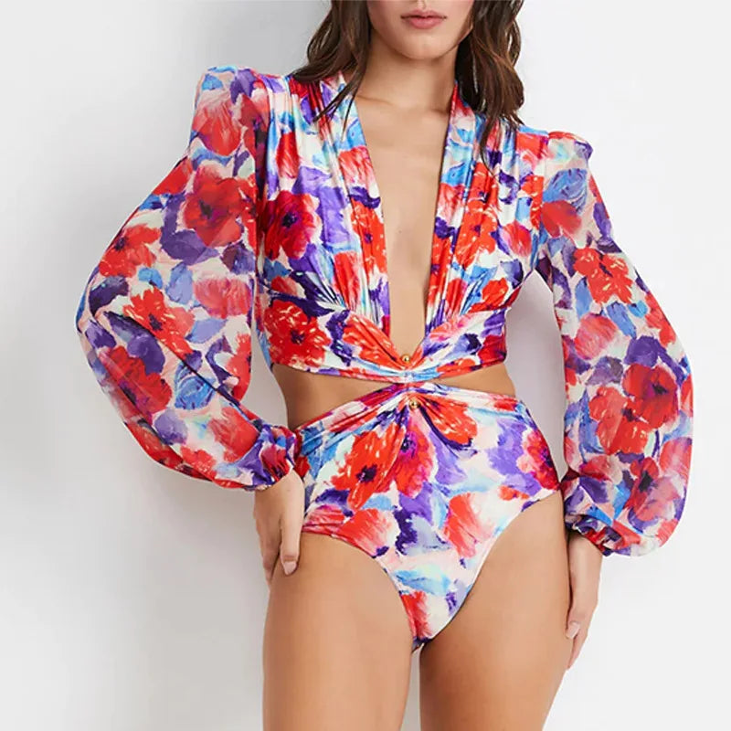 One Piece Swimsuit Sexy Long Sleeve Tropical Print Swimwear Women Bandage Monokini Hollow Out Bathing Suit String Beachwear 2023
