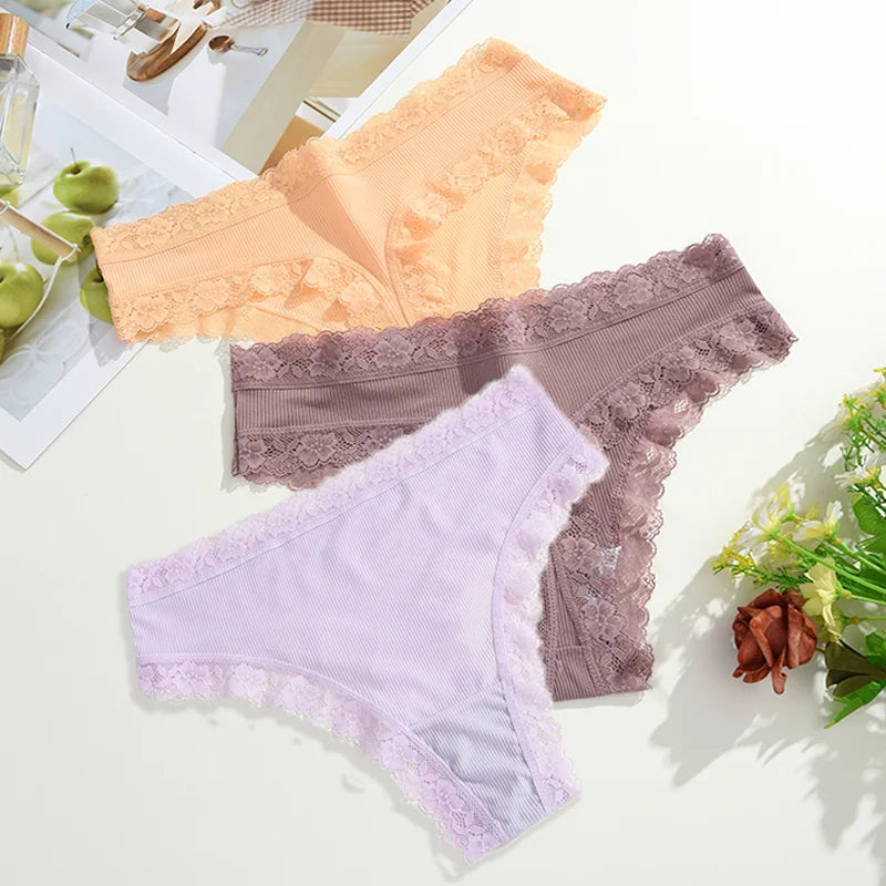 3Pcs Women Cotton Lingerie Sexy Thong Soft Fashion Panties Femme Design Underwear Pantys Underpant Lingerie Lace Intimates S-XL