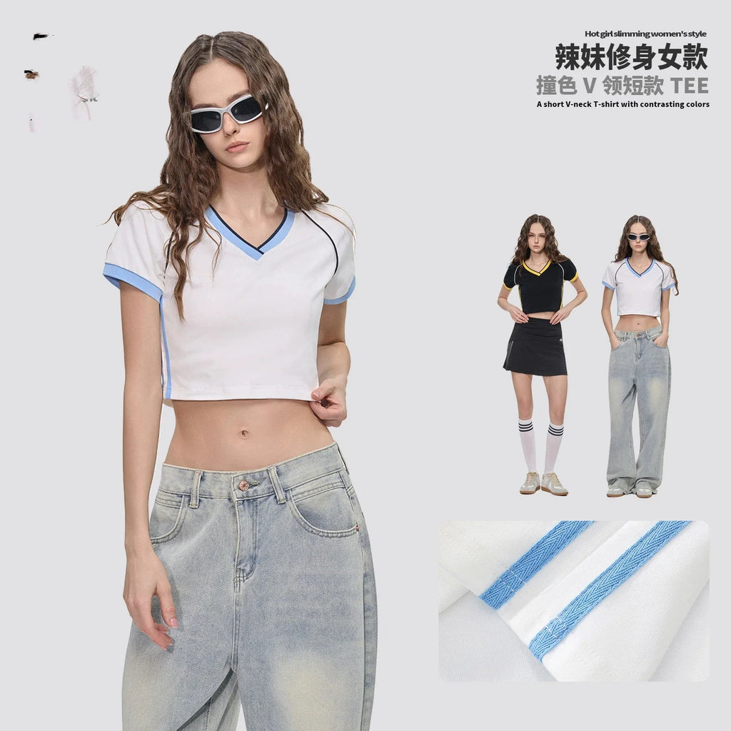 Hot girl top V-neck exposed navel contrasting color splicing clothes women's street short-sleeved T-shirt
